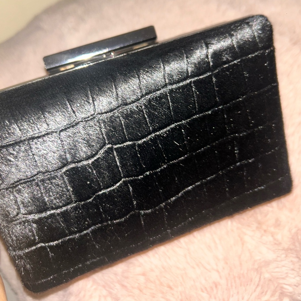 La Diva Italian Croco Calf Hair Black Leather Crossbody Mini Clutch w ChainStrap